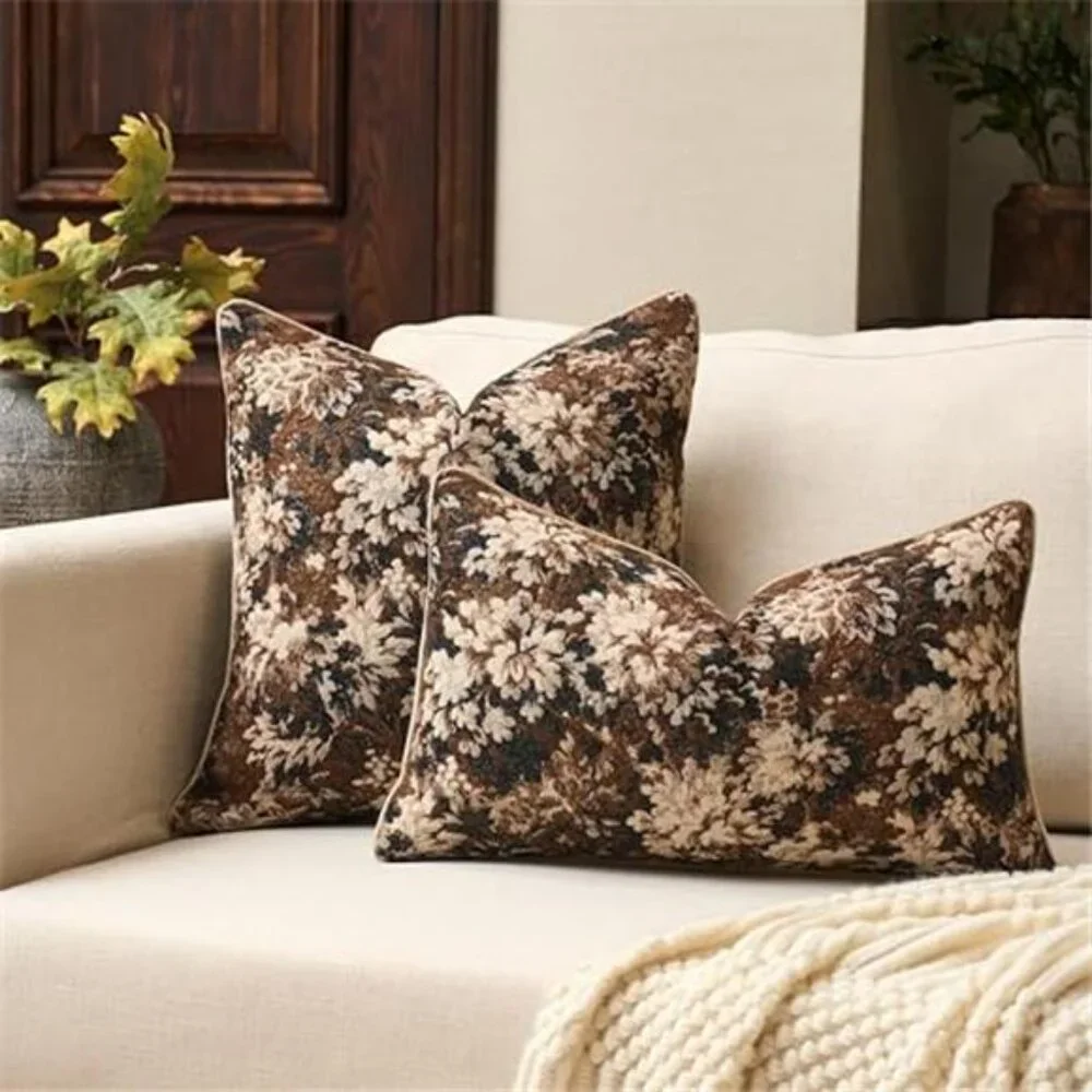 Neutral Floral Pillow Cover 20 x 20 Inches, Vintage Chenille Square